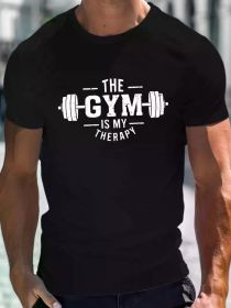 Men's Vintage Barbell "THE GYM" Print T-Shirt - Casual Comfy Lightweight Crew Neck Short Sleeve Top for Summer (Color: Black, size: XL)