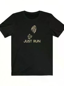 Just Run" Men's Breathable Cotton T-Shirt - Soft and comfortable crewneck T-shirt with footprint design for running and outdoor sports, black (Color: Black, size: L)