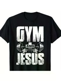 MEN'S GYM & JESUS BARBELL WEIGHTLIFTING CROSS T-SHIRT - 100% COTTON, FOUR SEASONS FITNESS T-SHIRT WITH BOLD "GYM AND JESUS" DESIGN, BLACK (Color: Black, size: L)