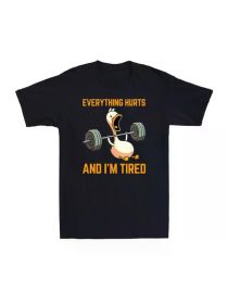 Men's "Everything Hurts, I'm Tired" Funny Duck Weightlifting Graphic T-Shirt - All Season, 100% Cotton, Machine Washable, Round Neck, Dark (Color: Black, size: L)