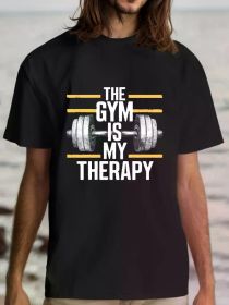 THE GYM IS MY THERAPY Printed T-Shirt Men'S Casual Round Neck Short Sleeved Fashionable Comfortable Cotton (Color: Black, size: XL)