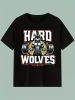 Men's Hard Wolves Graphic T-Shirt - 100% Cotton, Black, Short Sleeve, Fitness & Casual Wear, Perfect Gift for Gym Enthusiasts