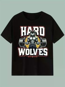 Men's Hard Wolves Graphic T-Shirt - 100% Cotton, Black, Short Sleeve, Fitness & Casual Wear, Perfect Gift for Gym Enthusiasts (Color: Black, size: XXL)